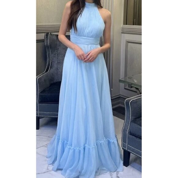 MAC DUGGAL Halter Neck Tiered Satin Gown in Sky Blue Size US 0 - Picture 1 of 10